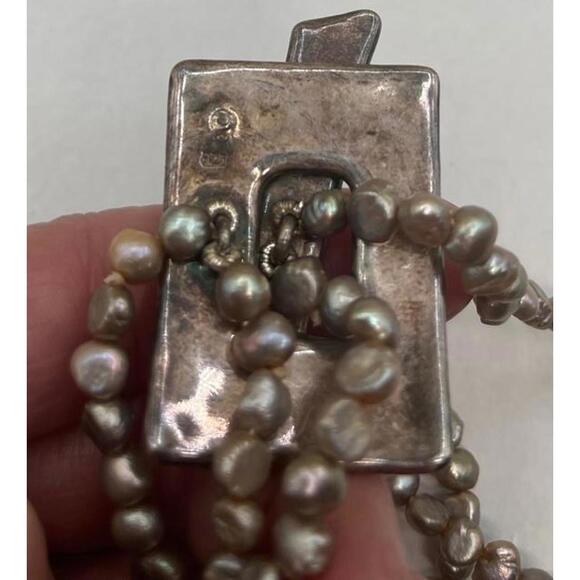 Double Strand Grey Freshwater Pearl Necklace with Modern Sterling Silver Pendant - Picture 7 of 8